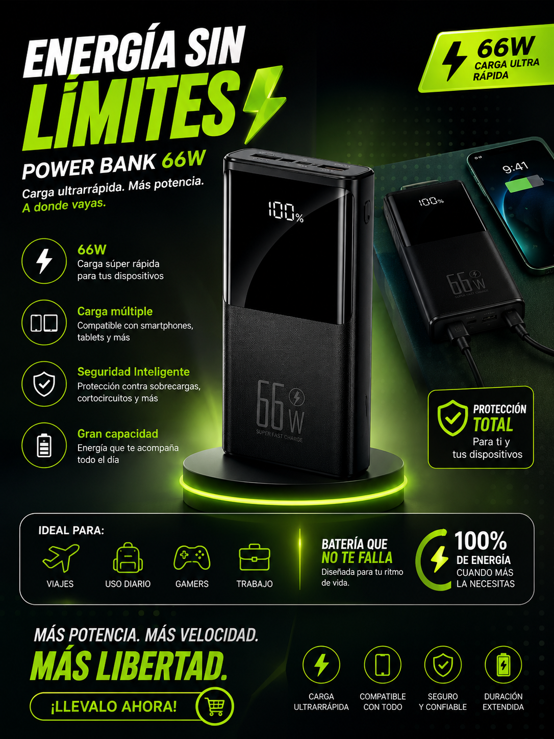 Power Bank 66W Carga Súper Rápida