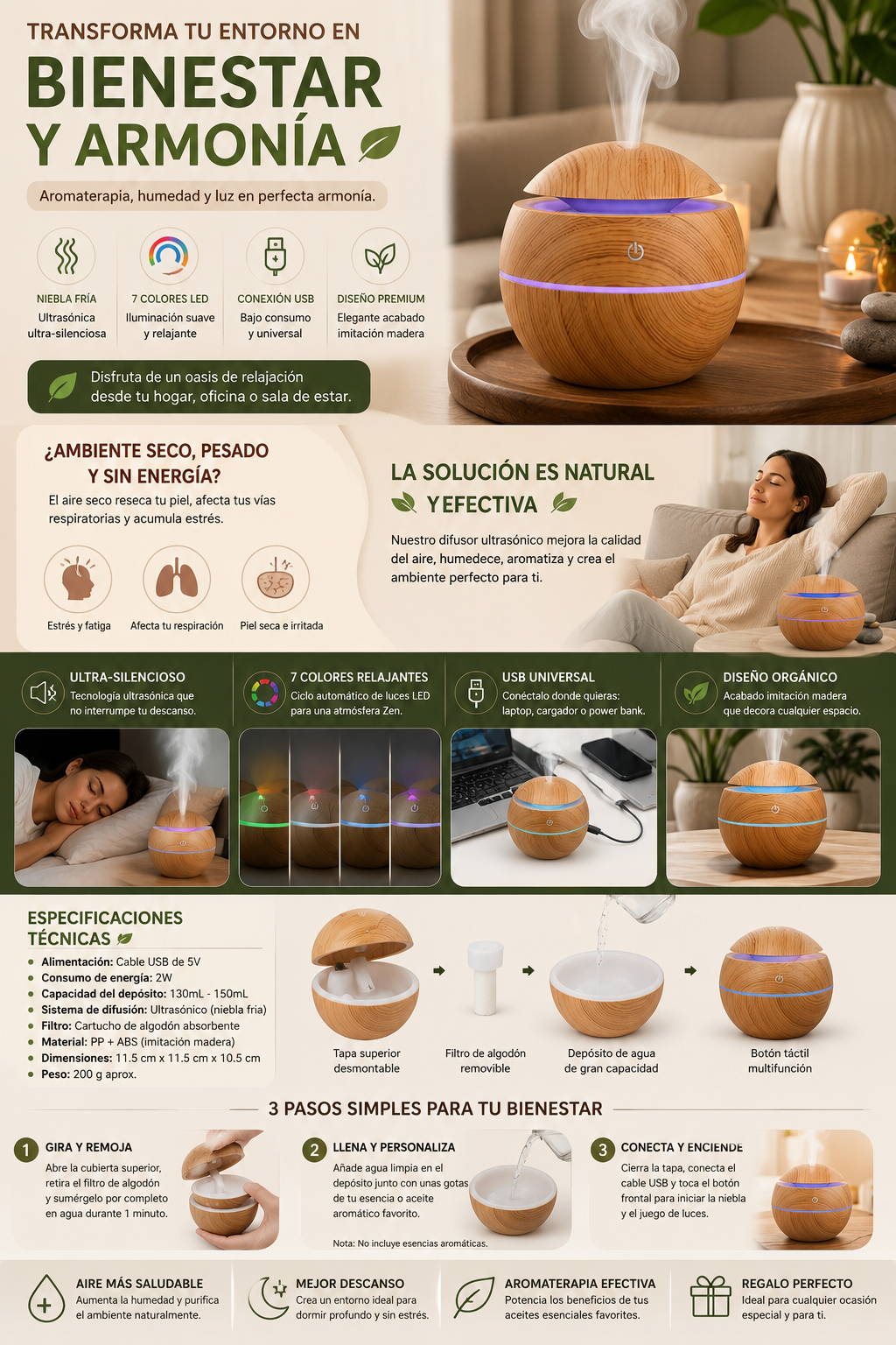 Humidificador Esférico Madera LED 5V