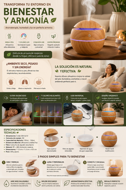 Humidificador Esférico Madera LED 5V