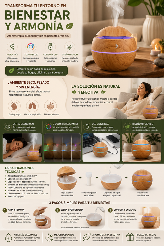 Humidificador Esférico Madera LED 5V