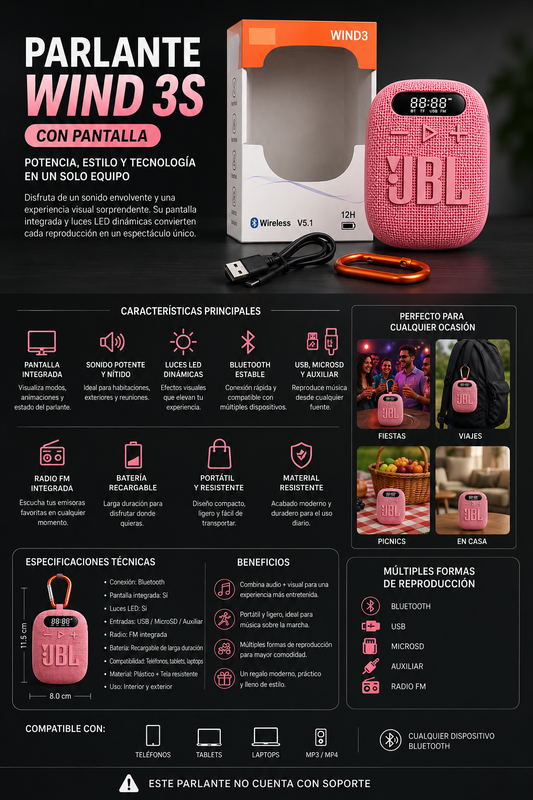 WIND 3S PARLANTE ROSA CON PANTALLA