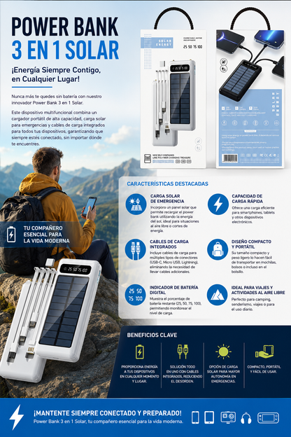 Power bank 3 en 1 solar 20000ma