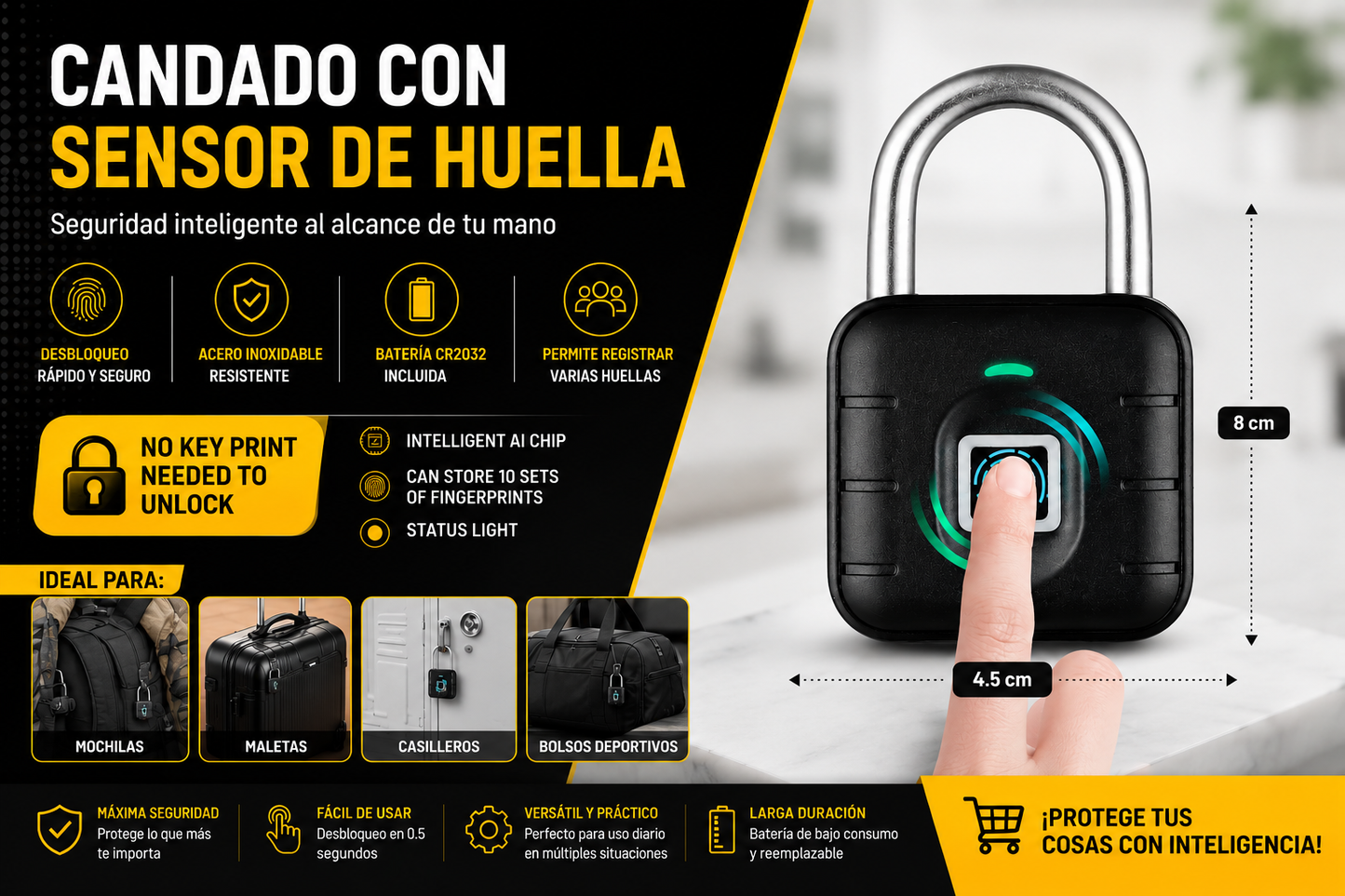 CANDADO CON SENSOR DE HUELLA